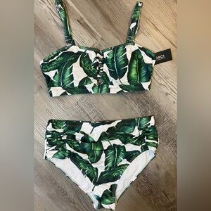 2 Piece Bikini Bathing Suit Green Leaf Print High-Waisted Ruched Woman's 18W